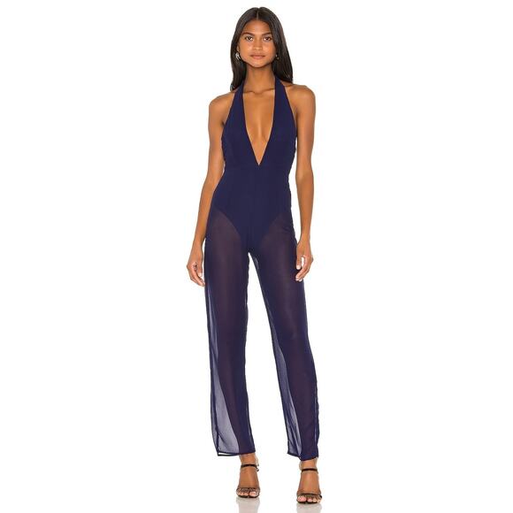 Superdown Womens Navy Kira Halter Jumpsuit with Sheer Overlay Back Zipper Size S - Picture 1 of 6